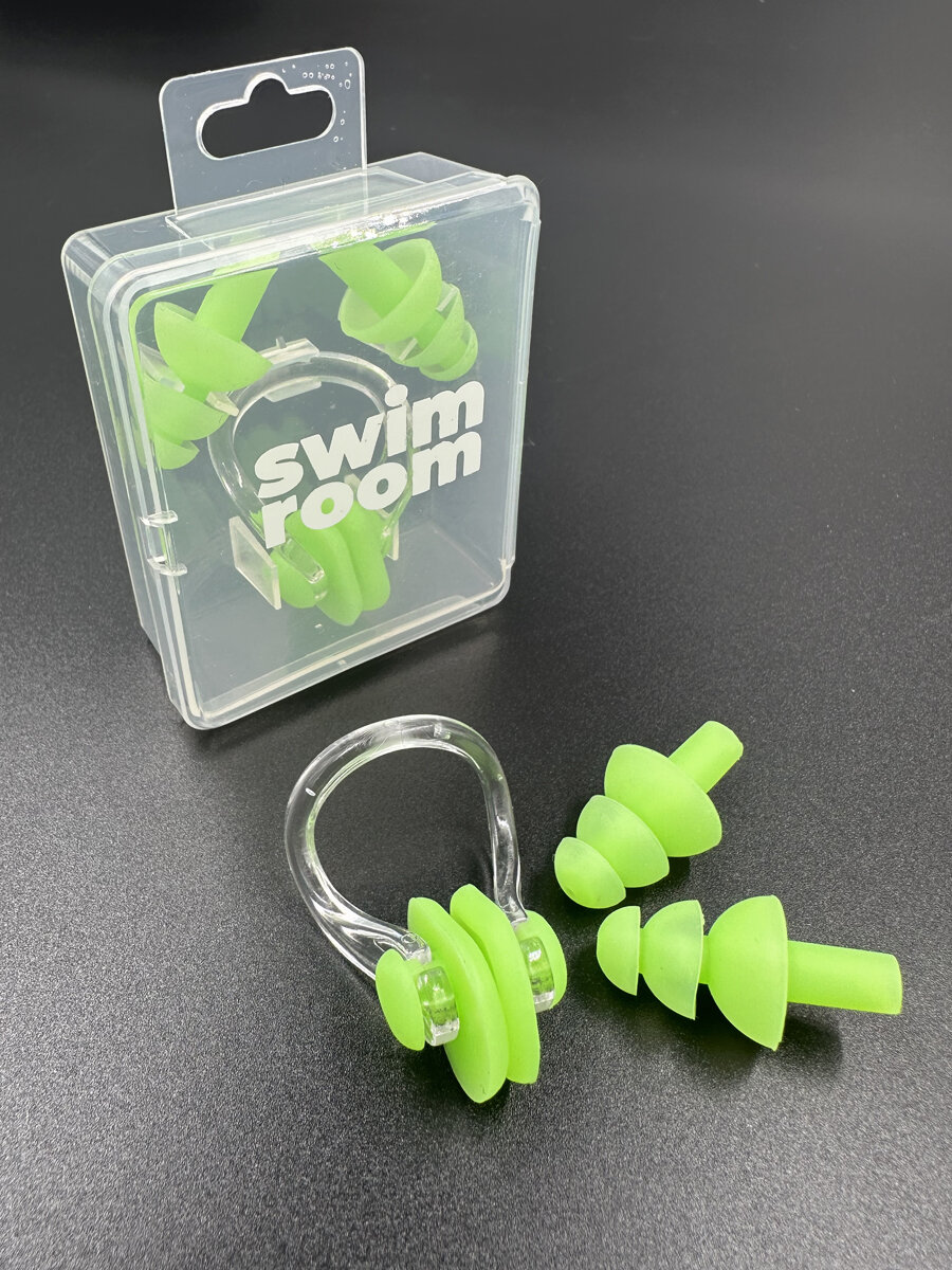 Комплект беруши и зажим для носа для плавания и бассейна SwimRoom “Earplugs and nose clip”, цвет зелёный