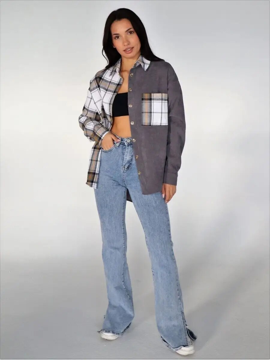 Рубашка Lady Gina вельветовая в клетку оверсайз, размер 54-56, черный, белый, коричневый, серый — фото 1