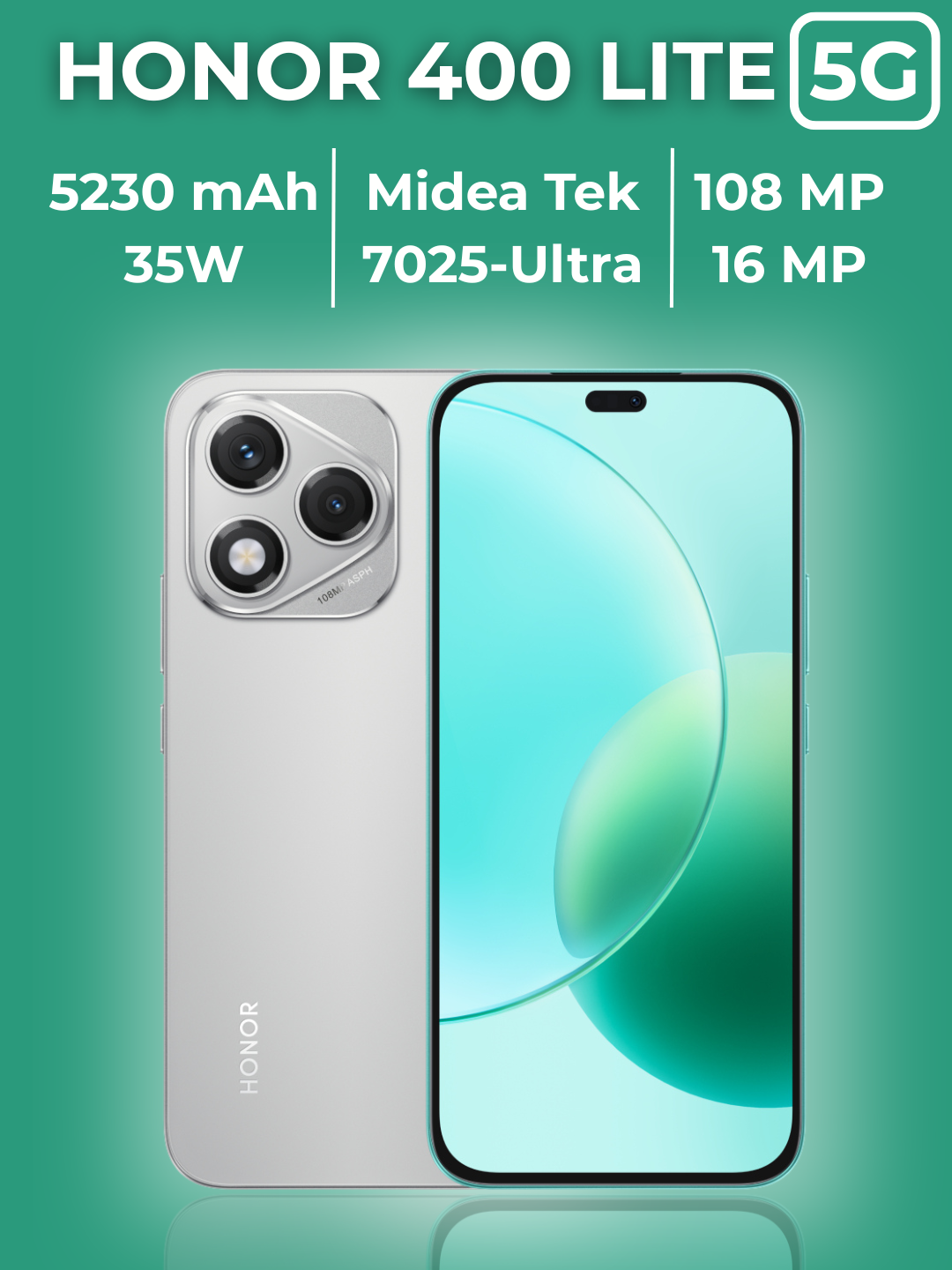 Смартфон Honor 400 Lite, 8GB/256GB, AMOLED 120Hz, IP65, защита от воды и пыли, цвет зеленый