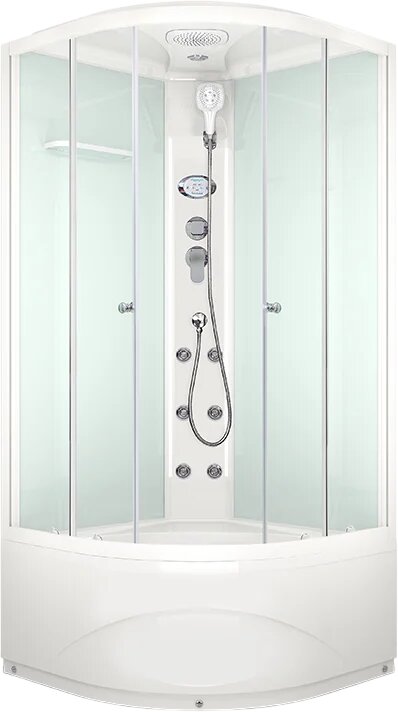 Душевая кабина Melodia della vita Classica MB01006 стеклянная 80x80 высокий поддон гидромассажная закрытая (с крышей) с вентиляцией с белым профилем с освещением с функцией тропический душ