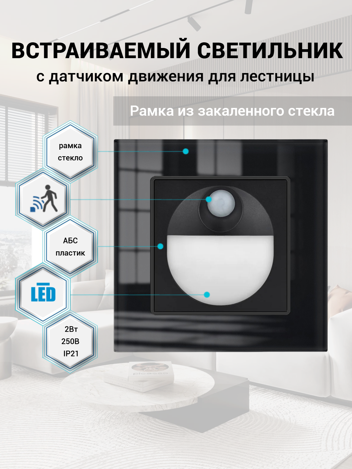 Встраиваемый светильник для лестницы с датчиком движения, рамка из закаленного стекла 82*82*8mm, чёрный F6