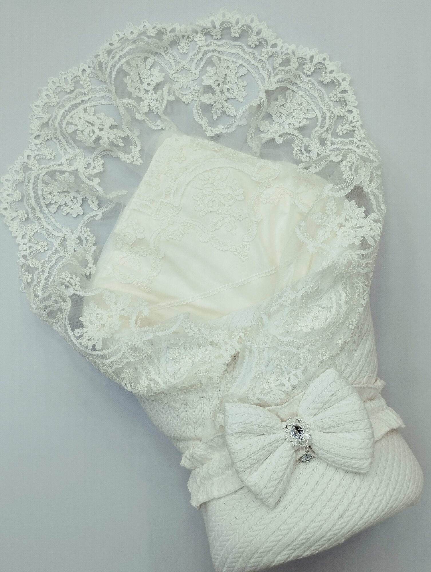 Конверт-одеяло (зимний) на выписку вязаный " Снежный Ангел", мех (белый)