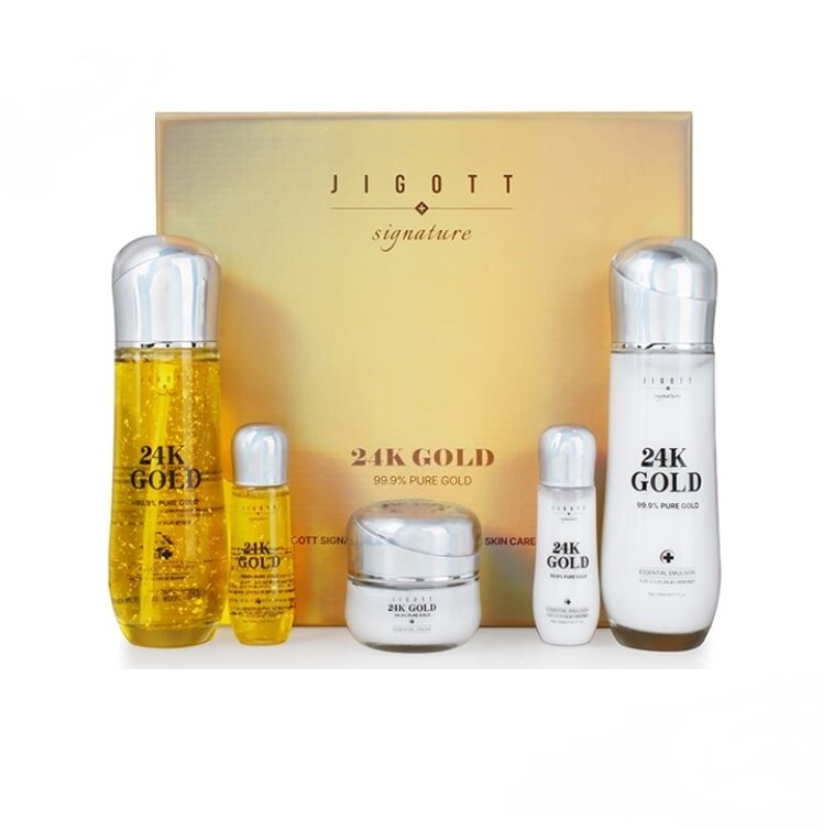 Jigott Signature 24K Gold Essential Skin Care 3Set Набор: Тонер для лица с частицами коллоидного золота, Эмульсия для лица с с частицами коллоидного золота, Крем для лица с с частицами коллоидного золота 150мл+150мл+50мл+30мл+30мл