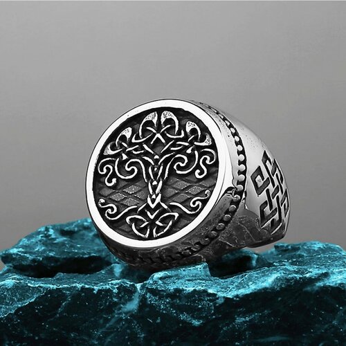 Славянский оберег, печатка Кольцо печатка с гравировкой Древо жизни, размер 20, бесцветный, серый