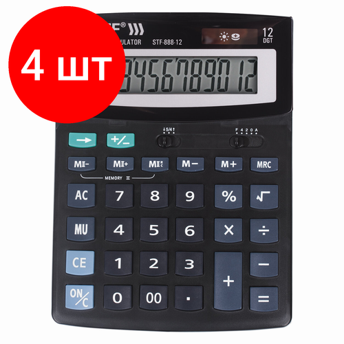 Комплект 4 шт, Калькулятор настольный STAFF STF-888-12 (200х150 мм), 12 разрядов, двойное питание, 250149