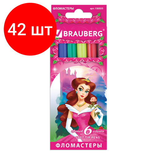 Комплект 42 шт, Фломастеры BRAUBERG Rose Angel, 6 цветов, вентилируемый колпачок, картонная упаковка, увеличенный срок службы, 150555