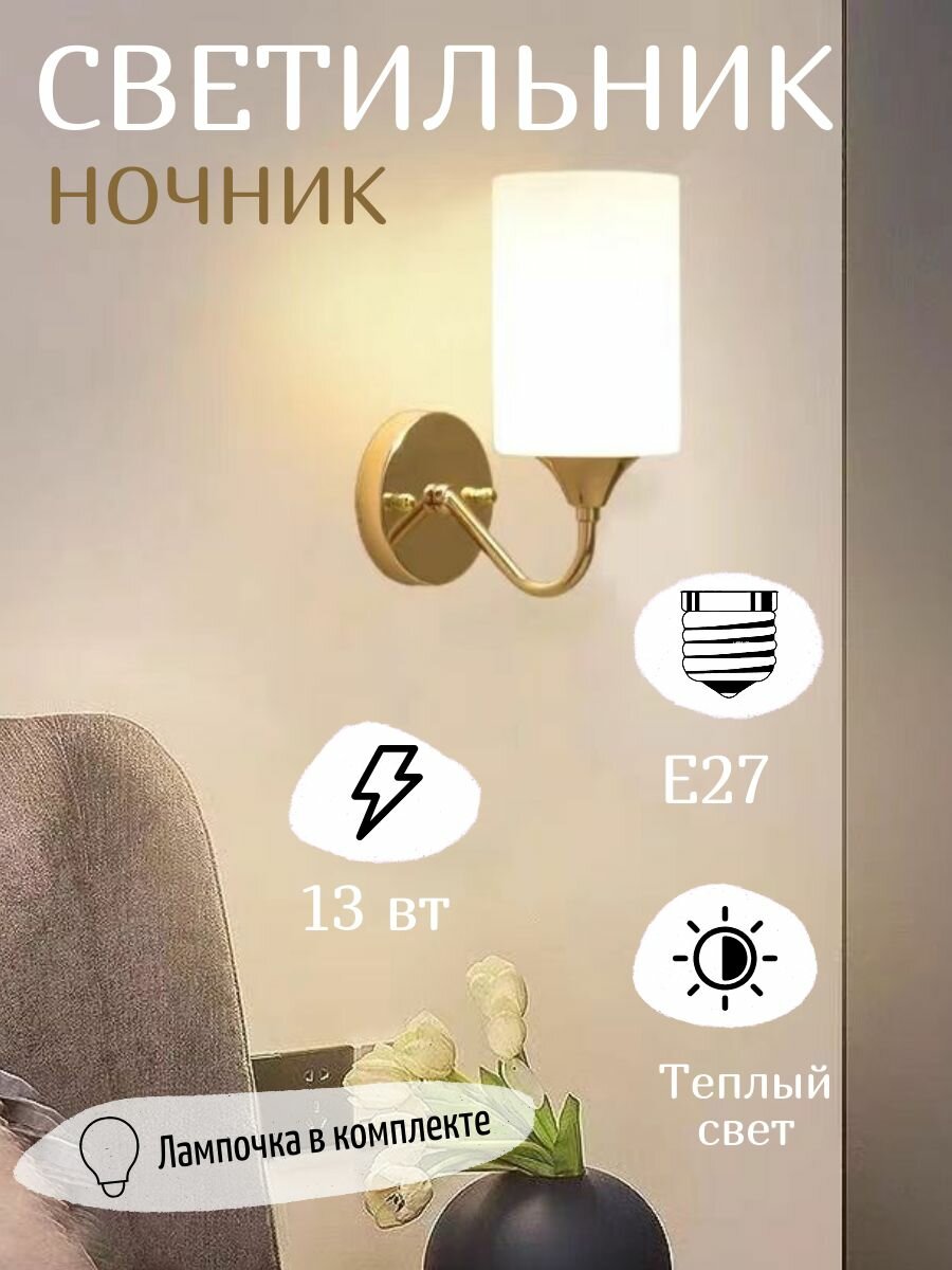 фото Светодиодный настенный бра ночник с матовым стеклянным плафоном Белый 3000К