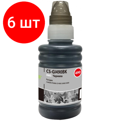 Комплект 6 штук, Чернила Cactus CS-GI490BK GI-490 чер. пиг. 100мл для Canon Pixma G1400 чернила cactus cs gi490bk m c y чернила cactus cs gi490bk m c y голубой пурпурный желтый черный набор 4x100мл для canon pixma g1400 g2400 g3400