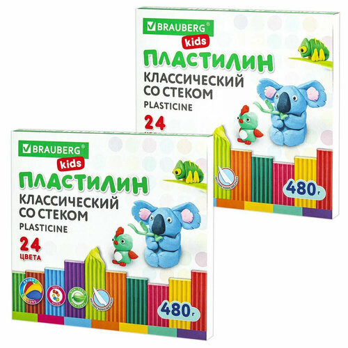 Пластилин для школы и сада для лепки классический 2 набора по 24 цвета, 960 г, 2 стека