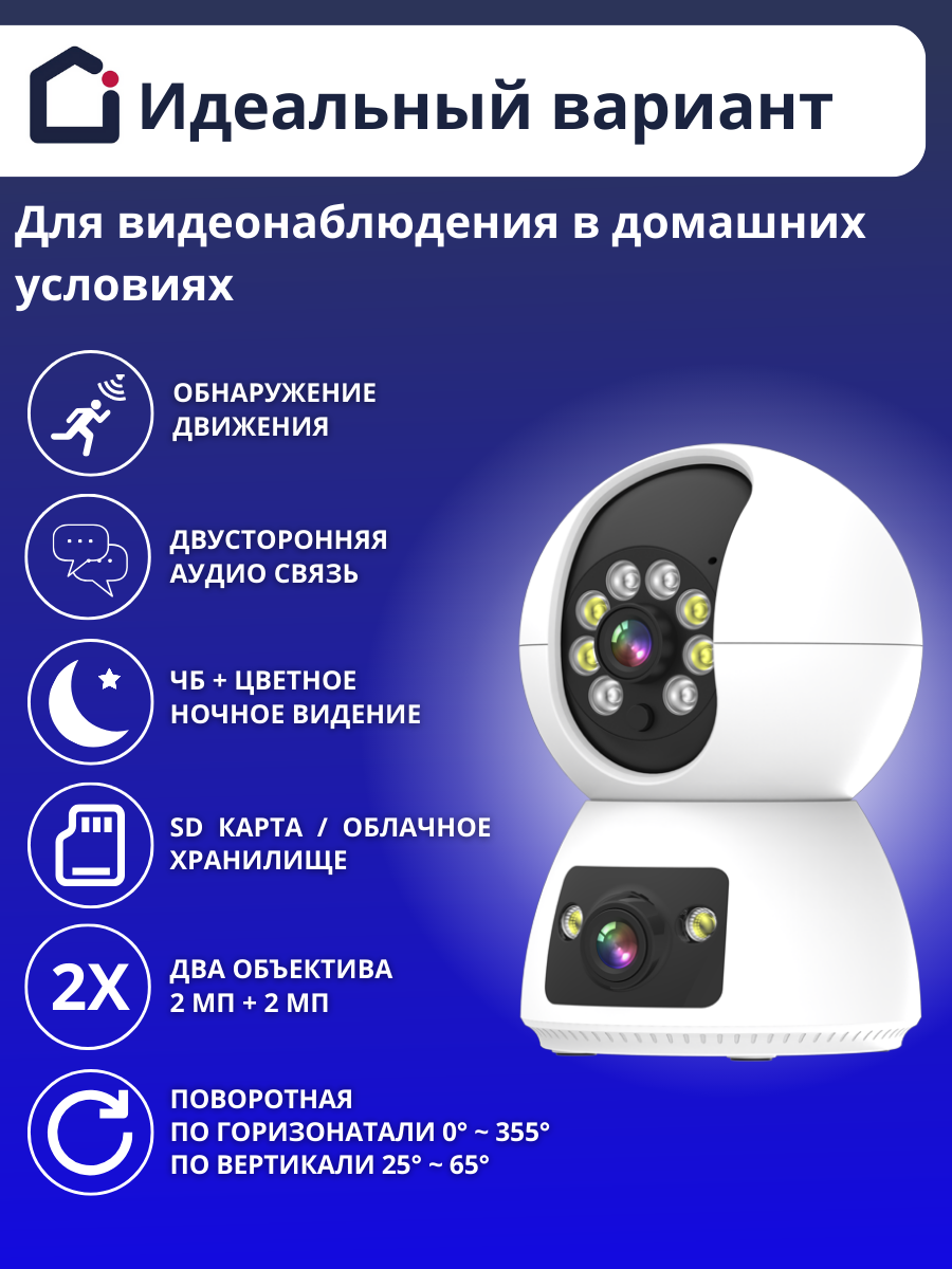 Камера видеонаблюдения WiFi iFEEL Duo IFS-CP009 для дома, поворотная с 2 объективами, ночной съемкой и датчиком движения — фото 1