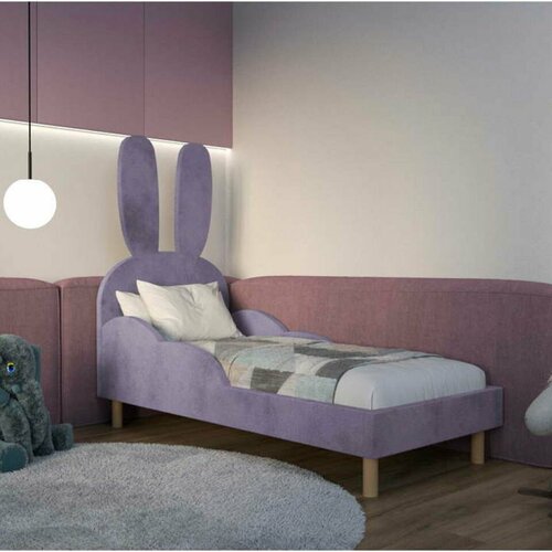 Детская кровать мягкая с ушками и бортиками 90x200 Банни цвет Фиолетовый