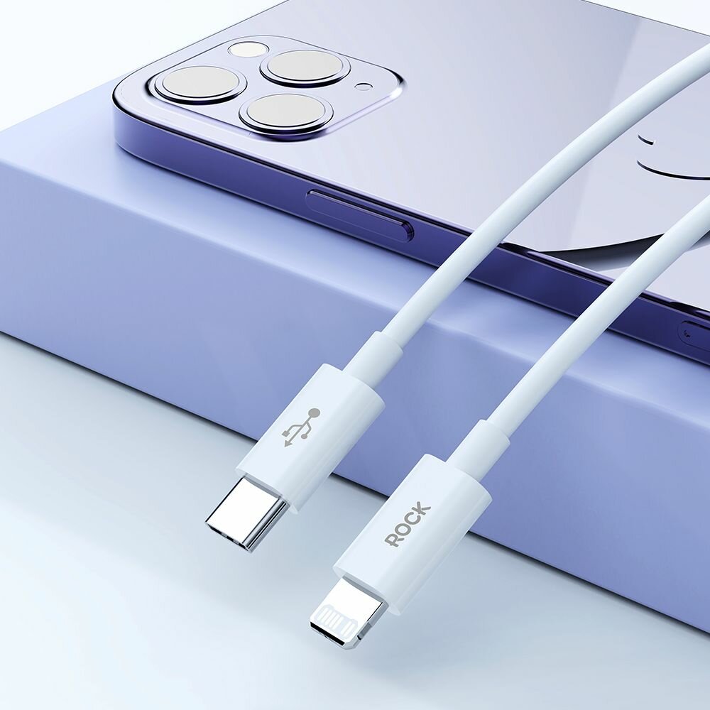 Кабель ROCK Xiaomi с быстрой зарядкой, 27W, 3A, USB-C to Lightning Fast Charge Data Cable для iPod, iPhone, iPad, 100 см. Белый