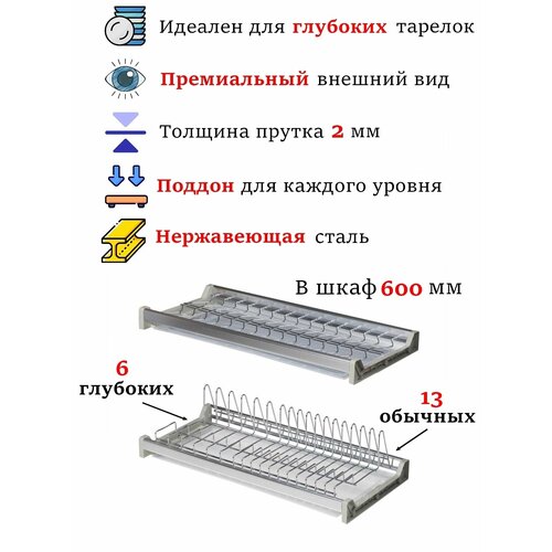 Сушилка для глубоких тарелок в шкаф 600 мм, нержавейка