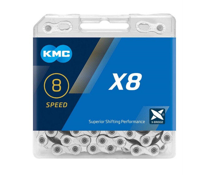 Цепь для велосипеда KMC X8 1/2"x3/32", 8 скор, 114 звеньев, серебряная