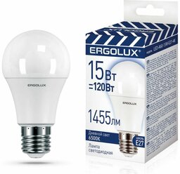 Ergolux LED-A60-15W-E27-6K (Эл.лампа светодиодная ЛОН 15Вт Е27 6500К 220-240В, промо), цена за 1 шт.