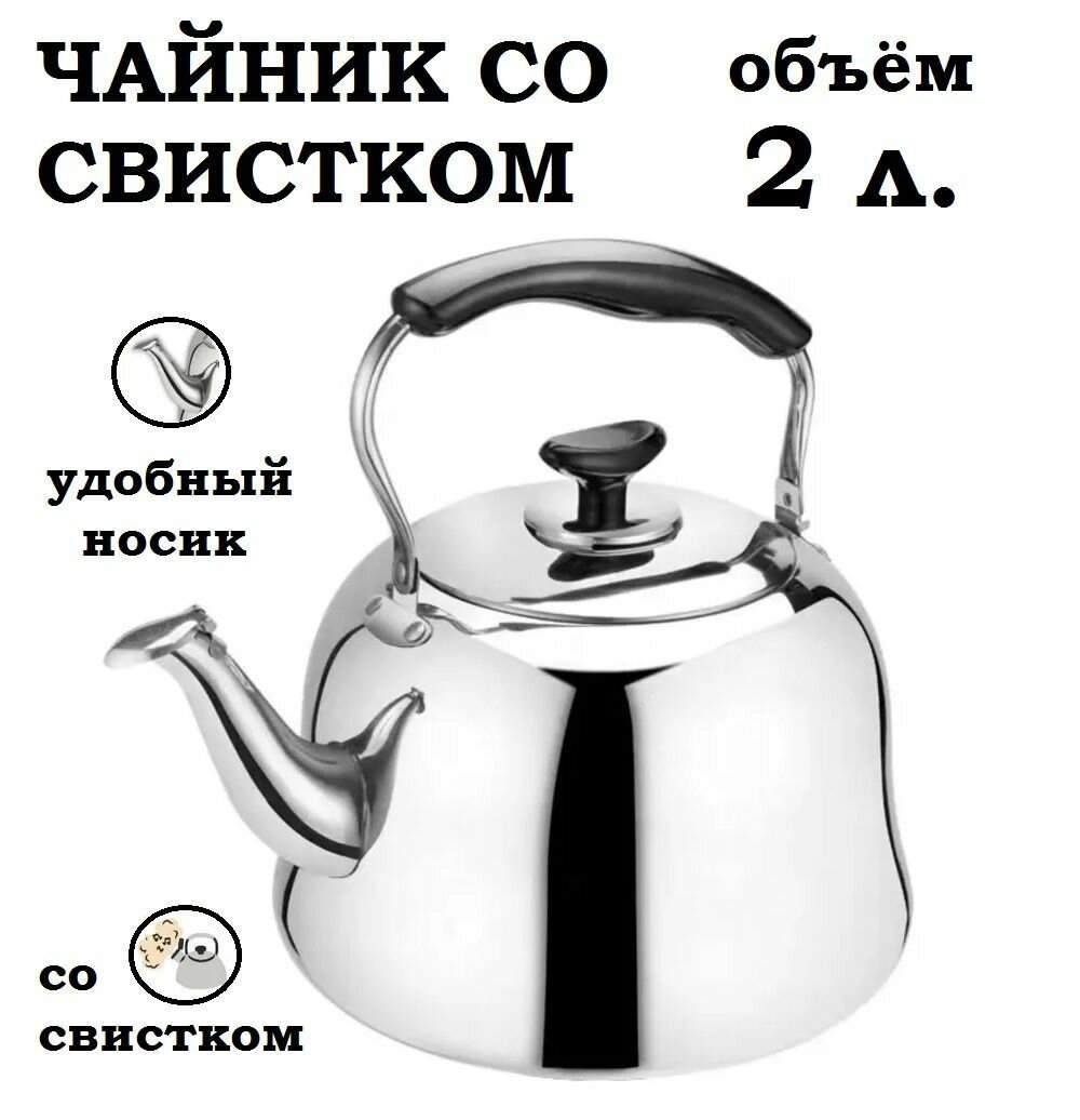 Чайник со свистком 2 литра с ситом для заваривания, для всех видов плит