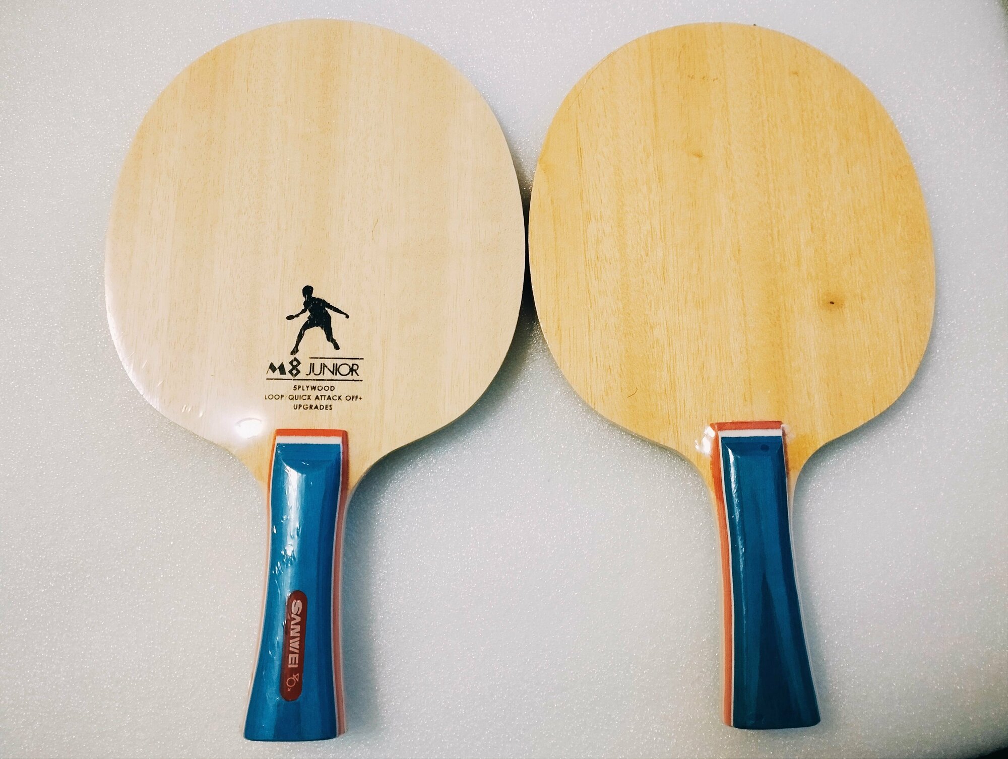 Основание ракетки Sanwei M8 Junior, для настольного тенниса, ALL контрольное, бежево-голубое — фото 1