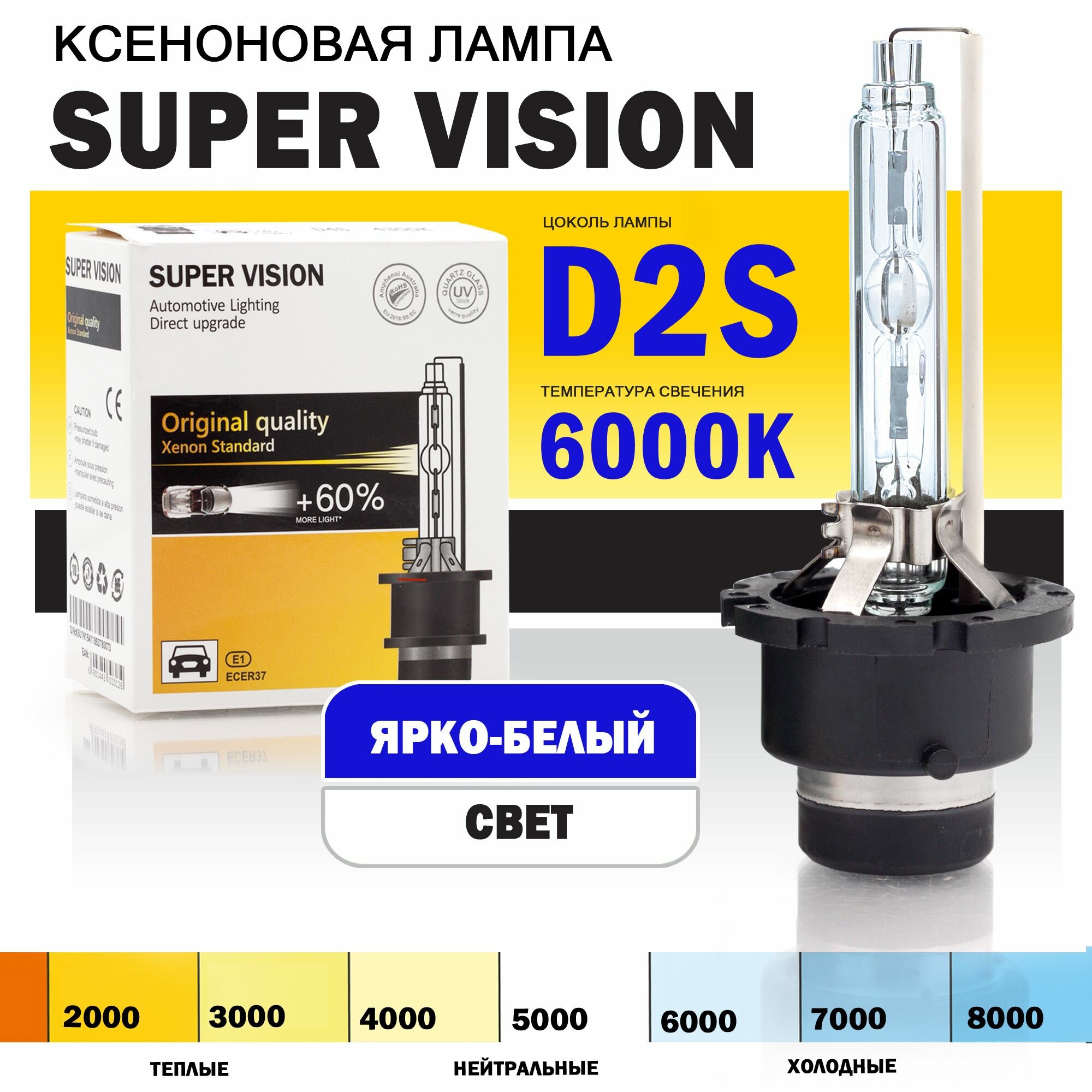 Ксеноновая лампа Super Vision D2S 6000K для автомобиля штатный ксенон питание 12V мощность 35W 1 штука