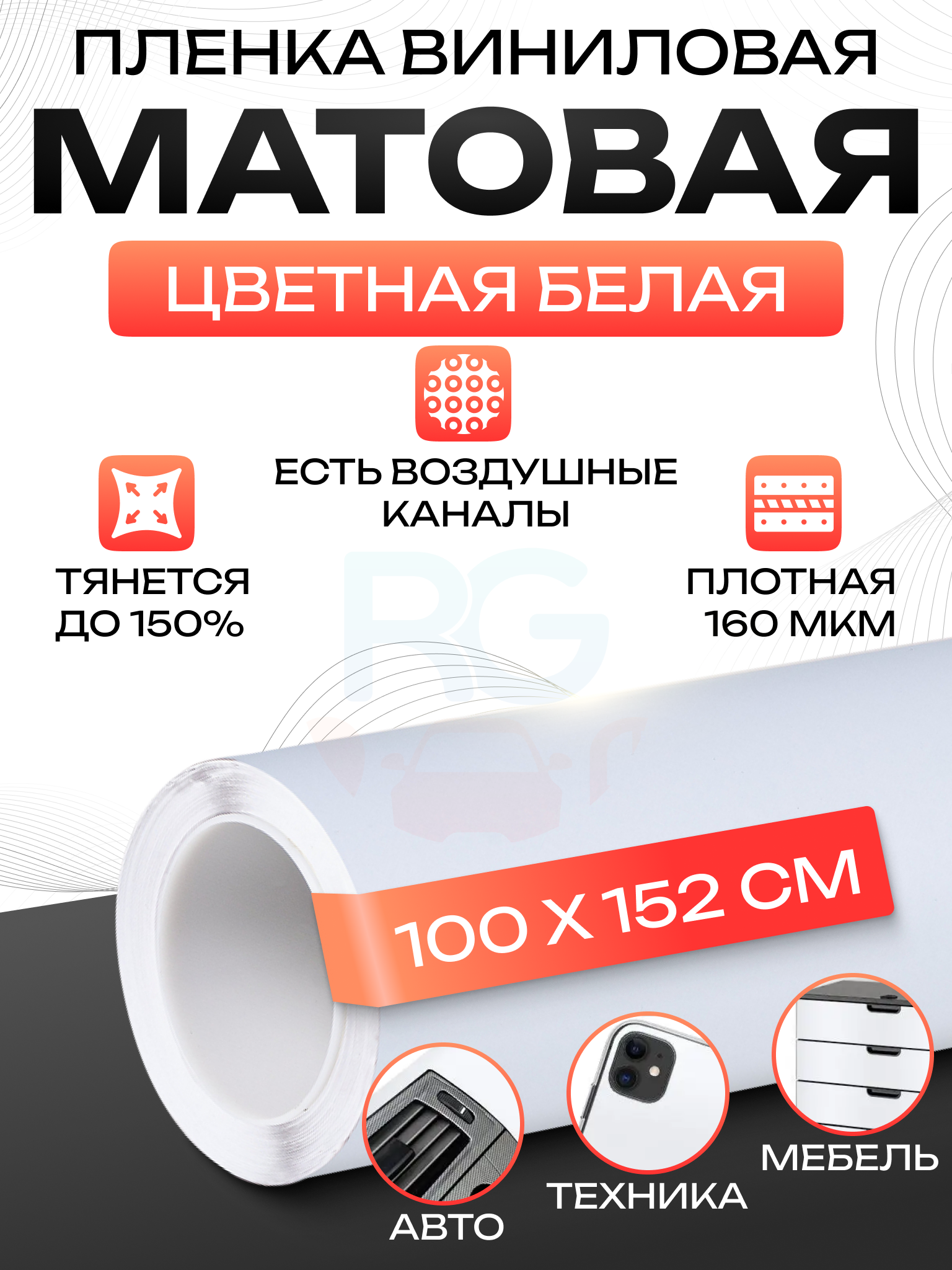 Пленка автомобильная виниловая. Матовая пленка для автомобиля в салон: 100х152 см, цвет: белый