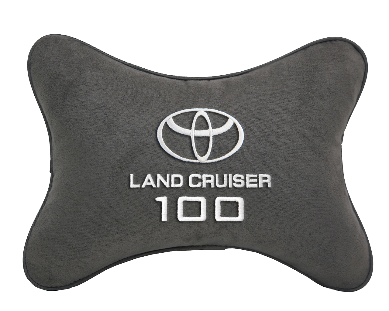 Автомобильная подушка на подголовник алькантара D.Grey с логотипом автомобиля TOYOTA LAND CRUISER 100