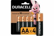 Батарейки Duracell, тип АA, щелочные (алкалиновые), блистер, 1,5В, 4шт (Пальчиковые)