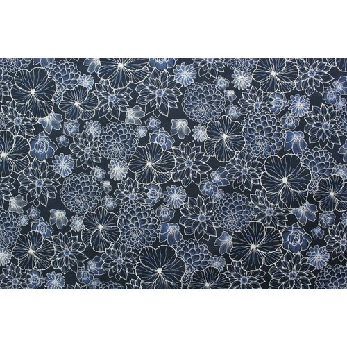 Ткань Хлопок батист синий с белыми цветами, ш144см, 0,5 м