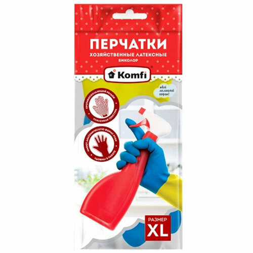 фото Перчатки хозяйственные латексные komfi биколор сине-желтый размер xl
