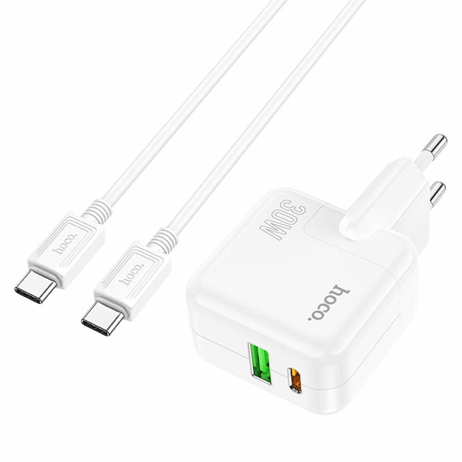 Сетевое зарядное устройство HOCO C111A 1xUSB + 1xUSB-C с Кабелем Type-C - Type-C, 3.0A, 30W, белый