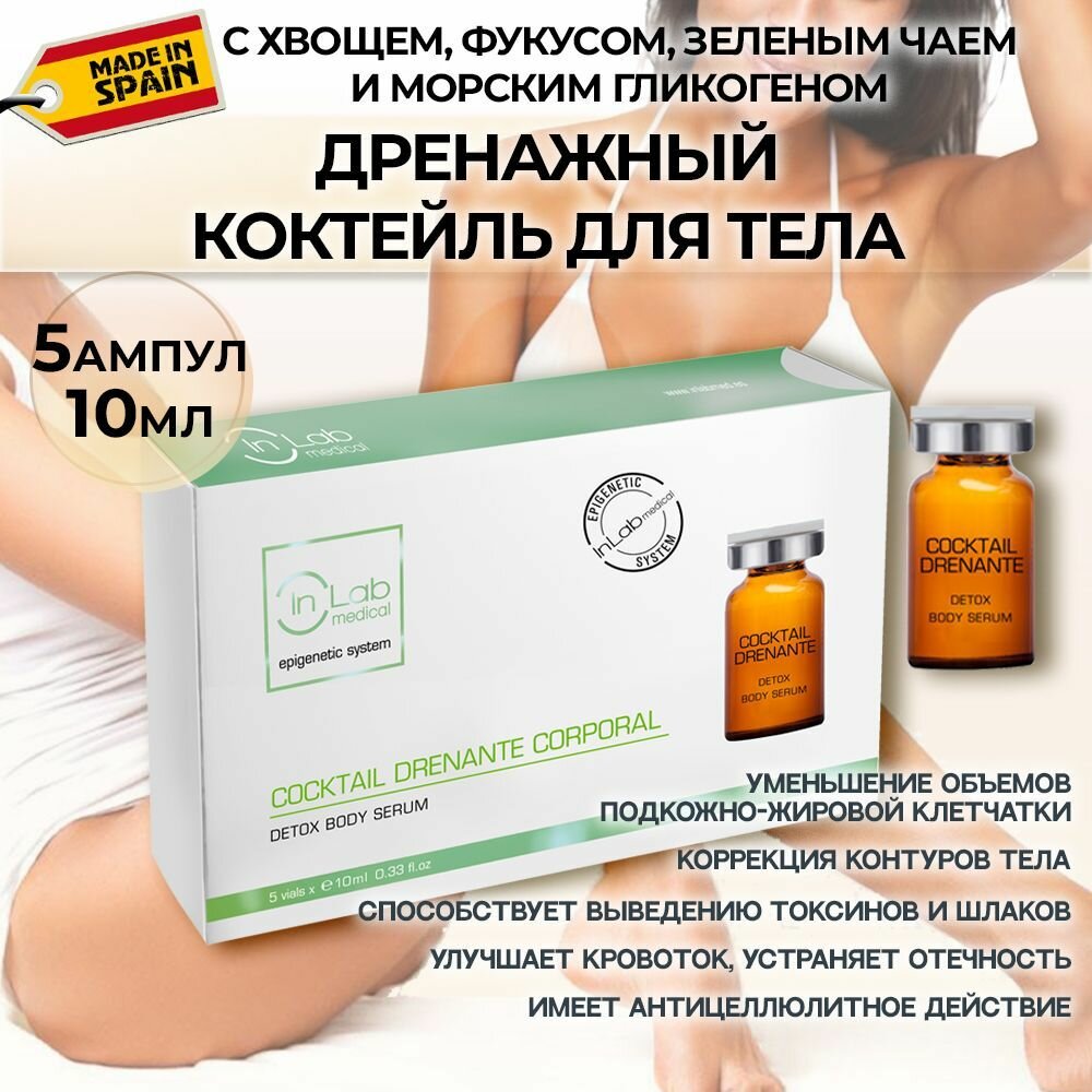 Inlab medical. Антицеллюлитная дренажная детокс сыворотка в ампулах для коррекции контуров тела и похудения, Detox body serum