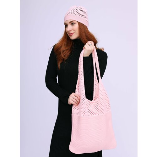 фото Сумка авоська mi ropa сумка-шоппер на плечо + вязаная шапочка в подарок, фактура вязаная, бледно-розовый