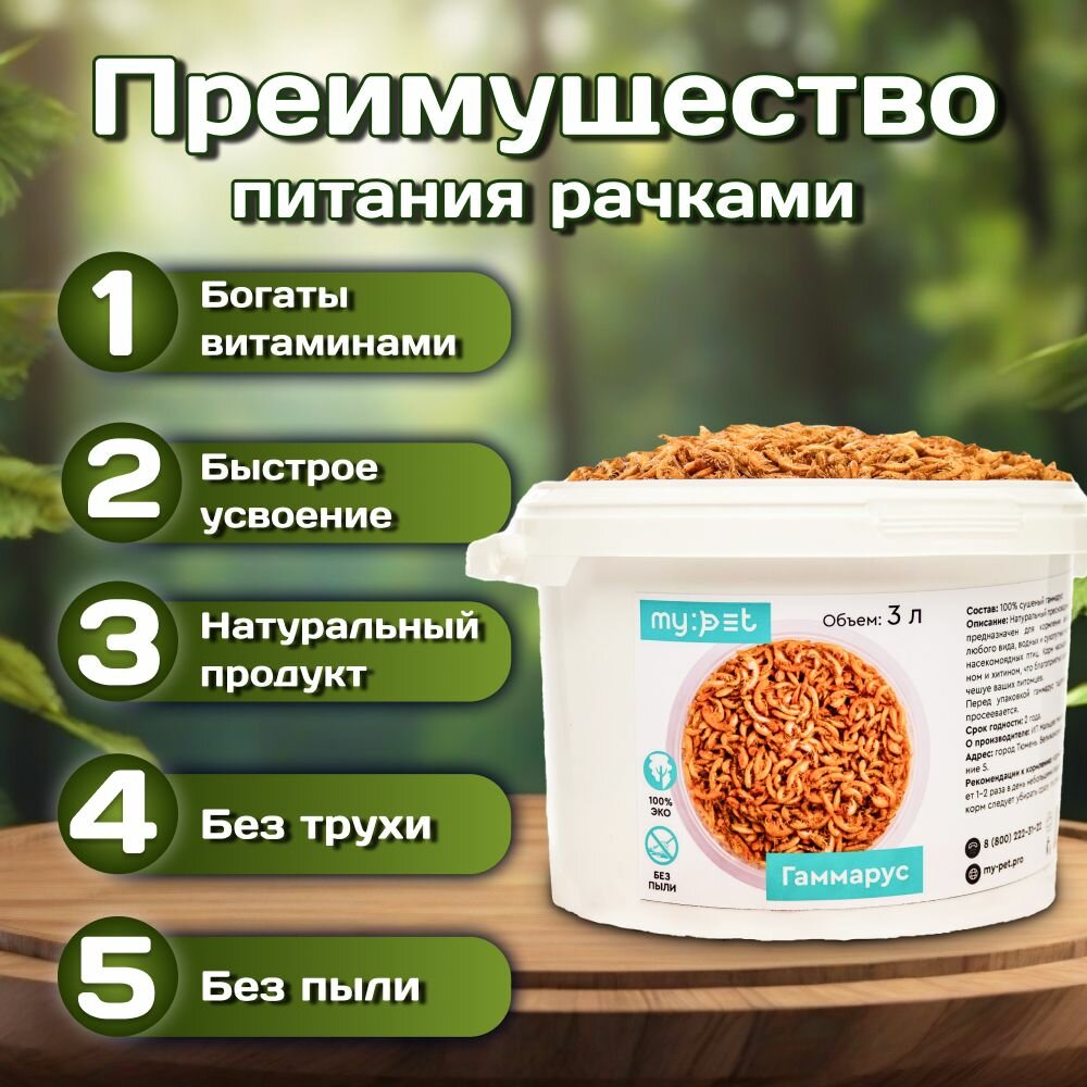 My pet Корм гаммарус тушка натуральный универсальный сухой, вкусняшка для аквариумных животных, рептилий и улиток, рыбок, сухопутных и красноухих водоплавающих черепах, ведерко 3 л