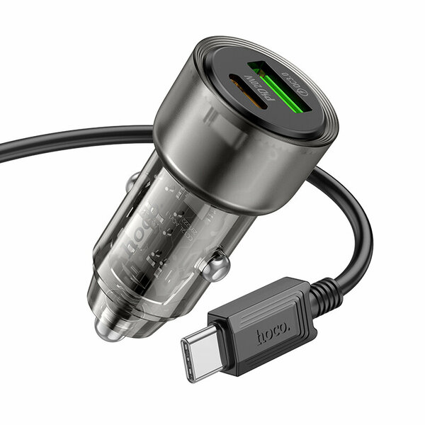 АЗУ, 1 USB QC3.0+1 PD (1C1A) 38W (Z52), HOCO, Type-C, прозрачный черный