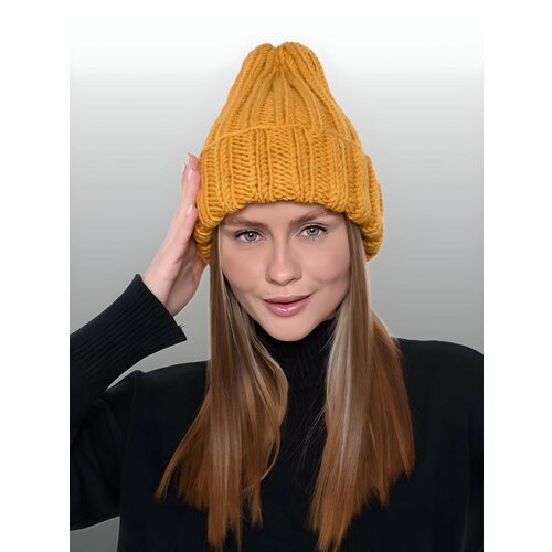 фото Шапка бини шапка женская бесшовная крупной вязки, ручной работы, размер 55-60, желтый, горчичный