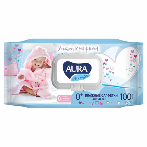 Салфетки влажные комплект 100 шт, для детей AURA Ultra comfort, гипоаллергенные, без спирта, крышка-клапан, 6486 упаковка 8 шт.