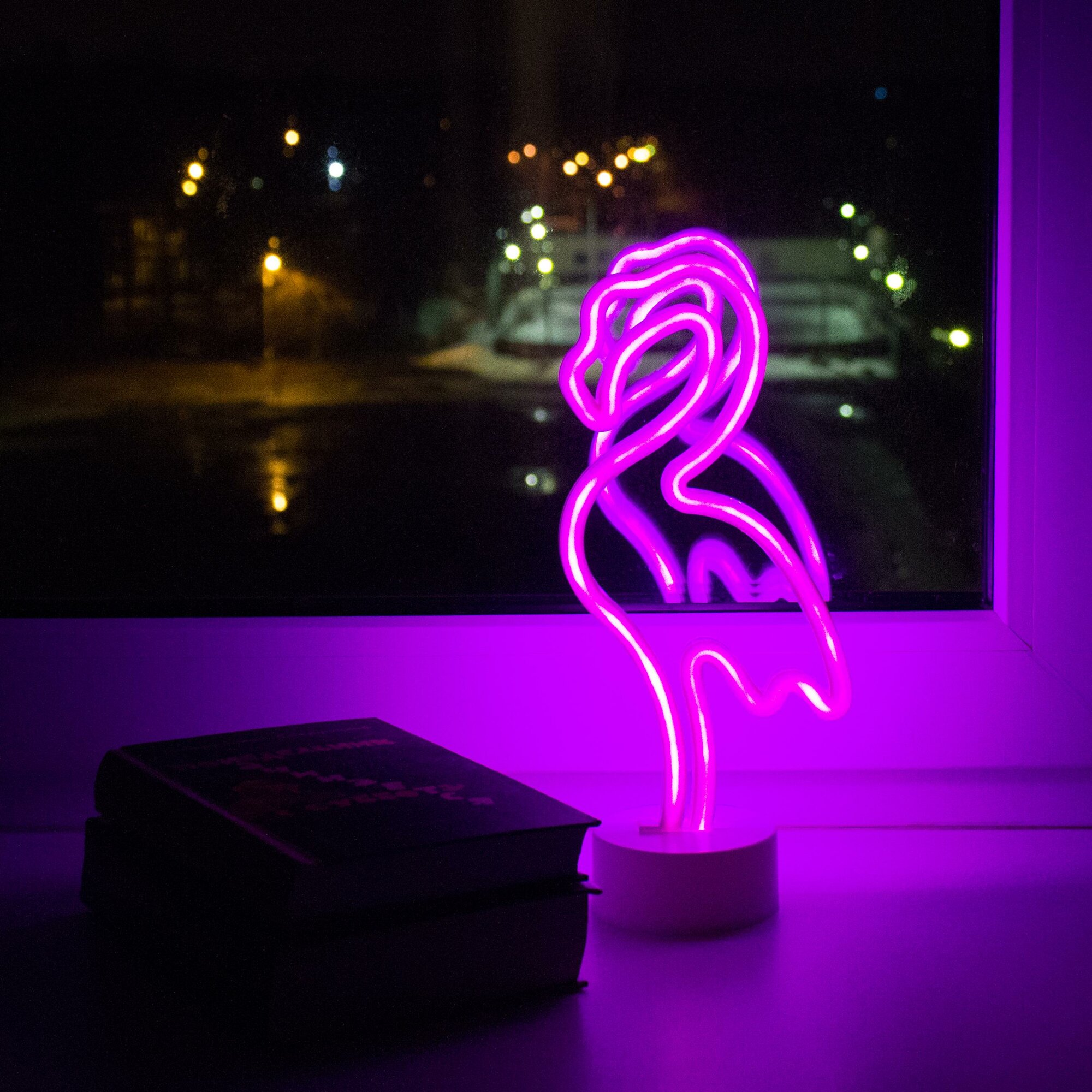 Декоративный светильник старт неоновый розовый фламинго, ночник на батарейках АА
