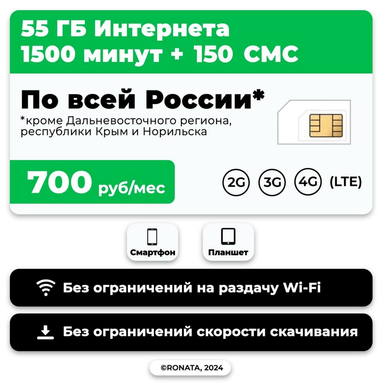 SIM-карта 1500 минут + 50 гб интернет 3G/4G + 150 СМС за 700 руб/мес (смартфон) + безлимит на мессенджеры (Москва и область)