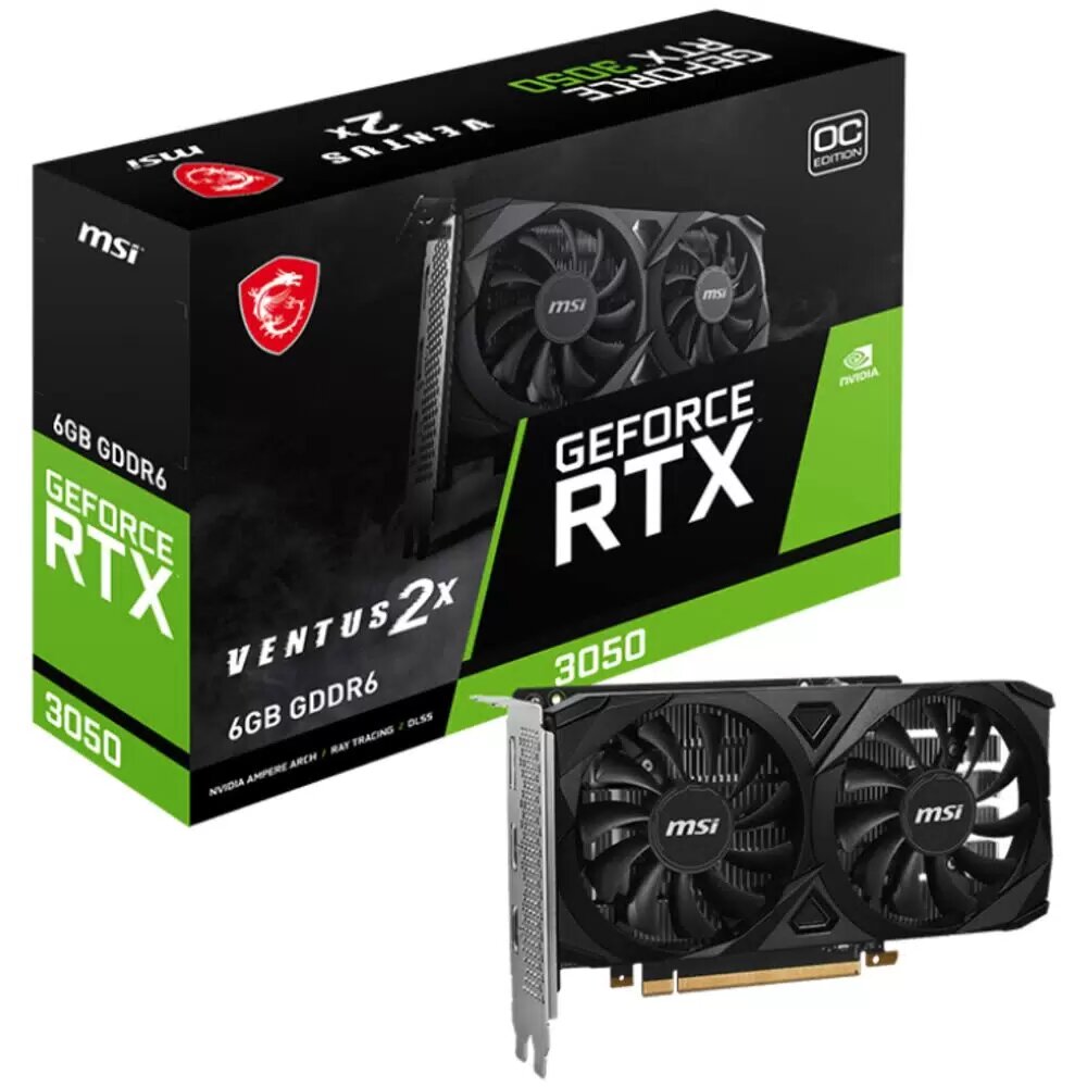 Видеокарта MSI PCI-E 4.0 RTX 3050 VENTUS 2X 6G OC NVIDIA GeForce RTX 3050 6Gb 128bit GDDR6 1807/14000 HDMIx1 DPx3 HDCP Ret