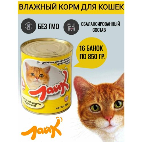 Корм Лайк консервированный для кошек 850 г мясное ассорти с курицей 16 штук мясо цыплёнка гродфуд в собственном соку 350 г