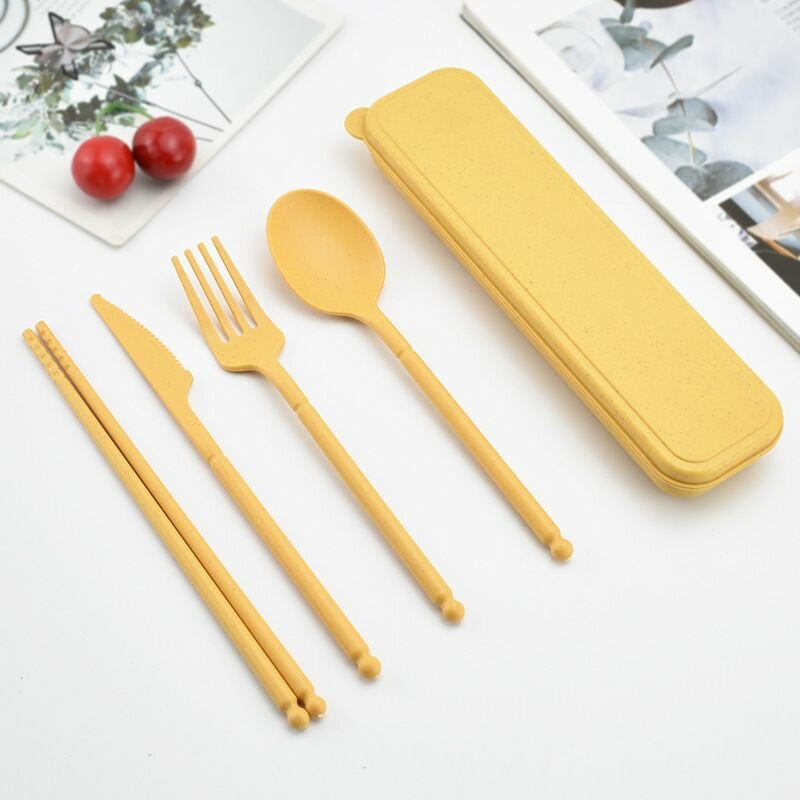 фото Дорожный набор столовых приборов "Матовый 5 в 1": вилка, нож, ложка, китайские палочки, футляр, цвет желтый