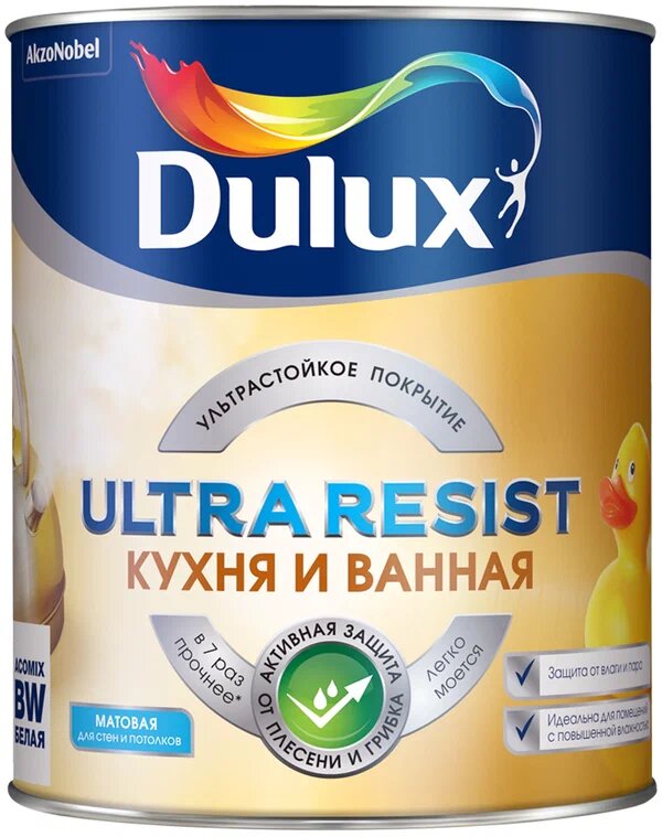 Краска Dulux Ultra Resist Кухня и Ванная матовая BW белая 1л