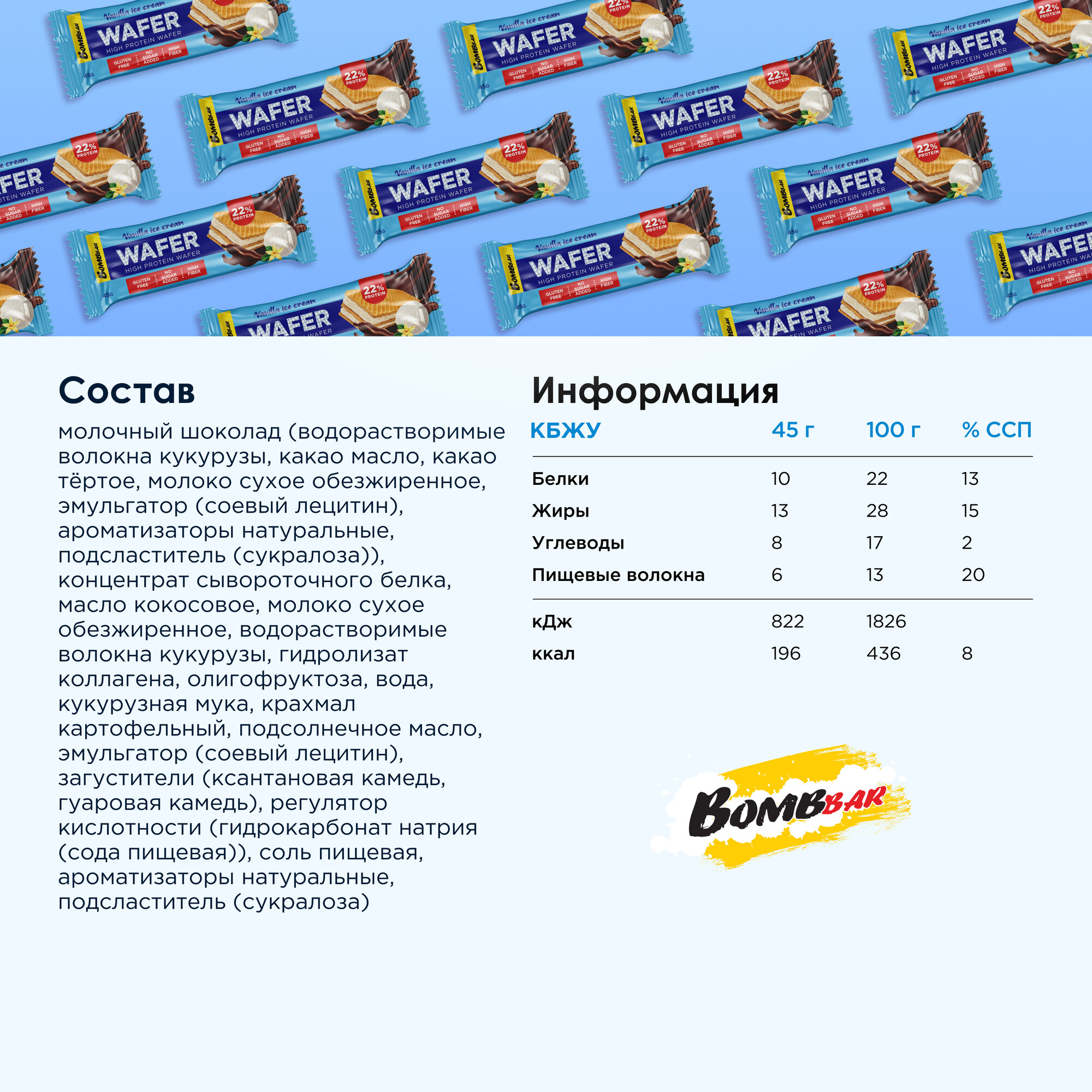 Протеиновые батончики BOMBBAR WAFER - вафли без сахара, без глютена, 12шт х 45г