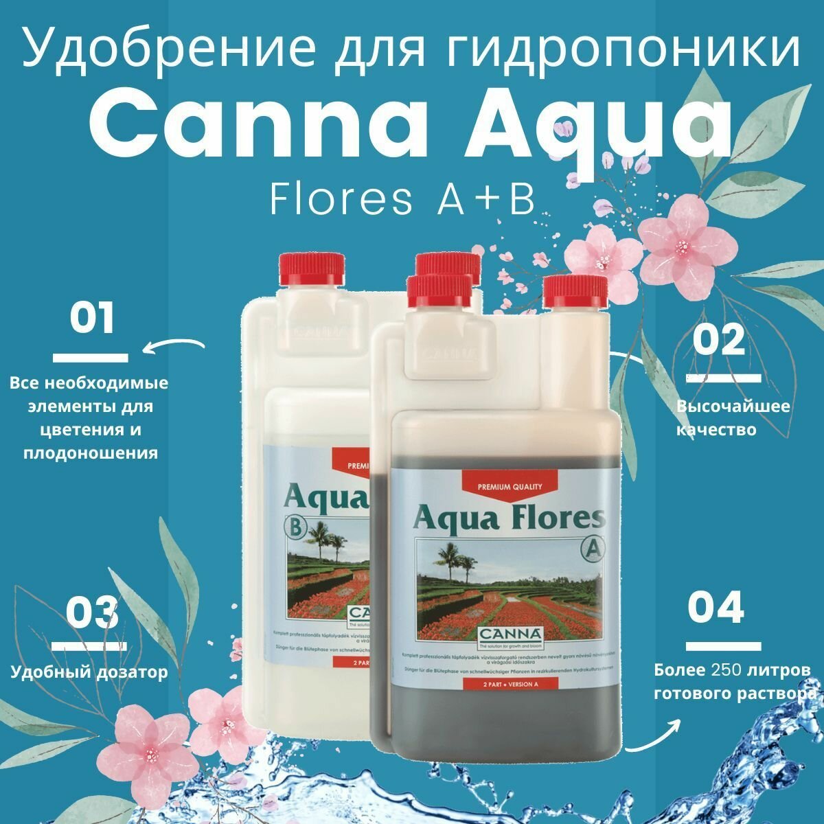 Удобрение для гидропоники Canna Aqua Flores A+B 1L / Канна Аква Флорес А+Б 1л