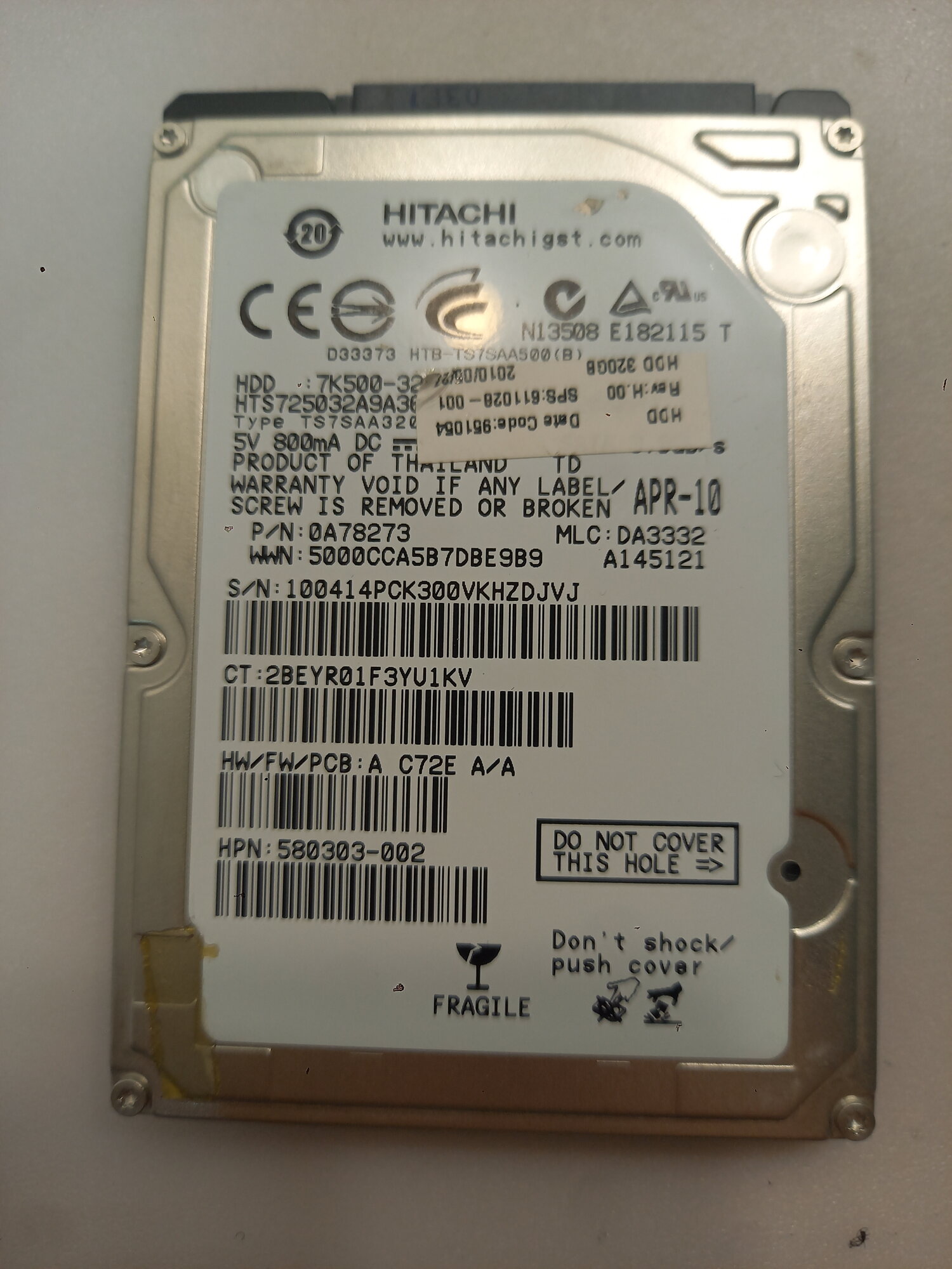 Жёсткий диск HDD 320 Gb SATA-II 300 Hitachi 7K500 1HTS725032A9A364 2.5" 7200rpm 16Mb для ноутб
