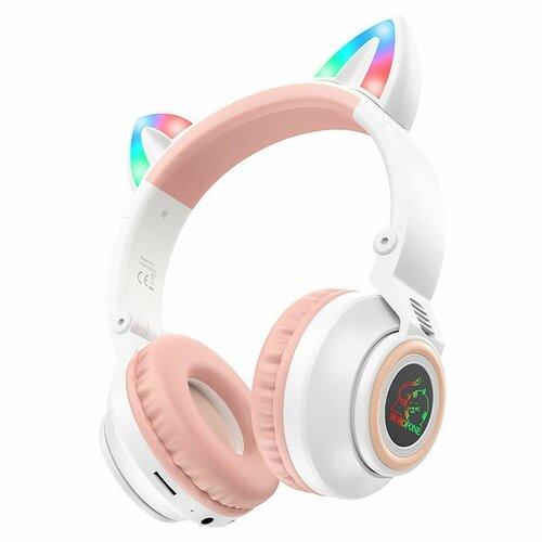 Bluetooth-наушники полноразмерные Borofone BO18 cat ear, белые, 1 шт наушники hoco w39 cat ear kids bt blue