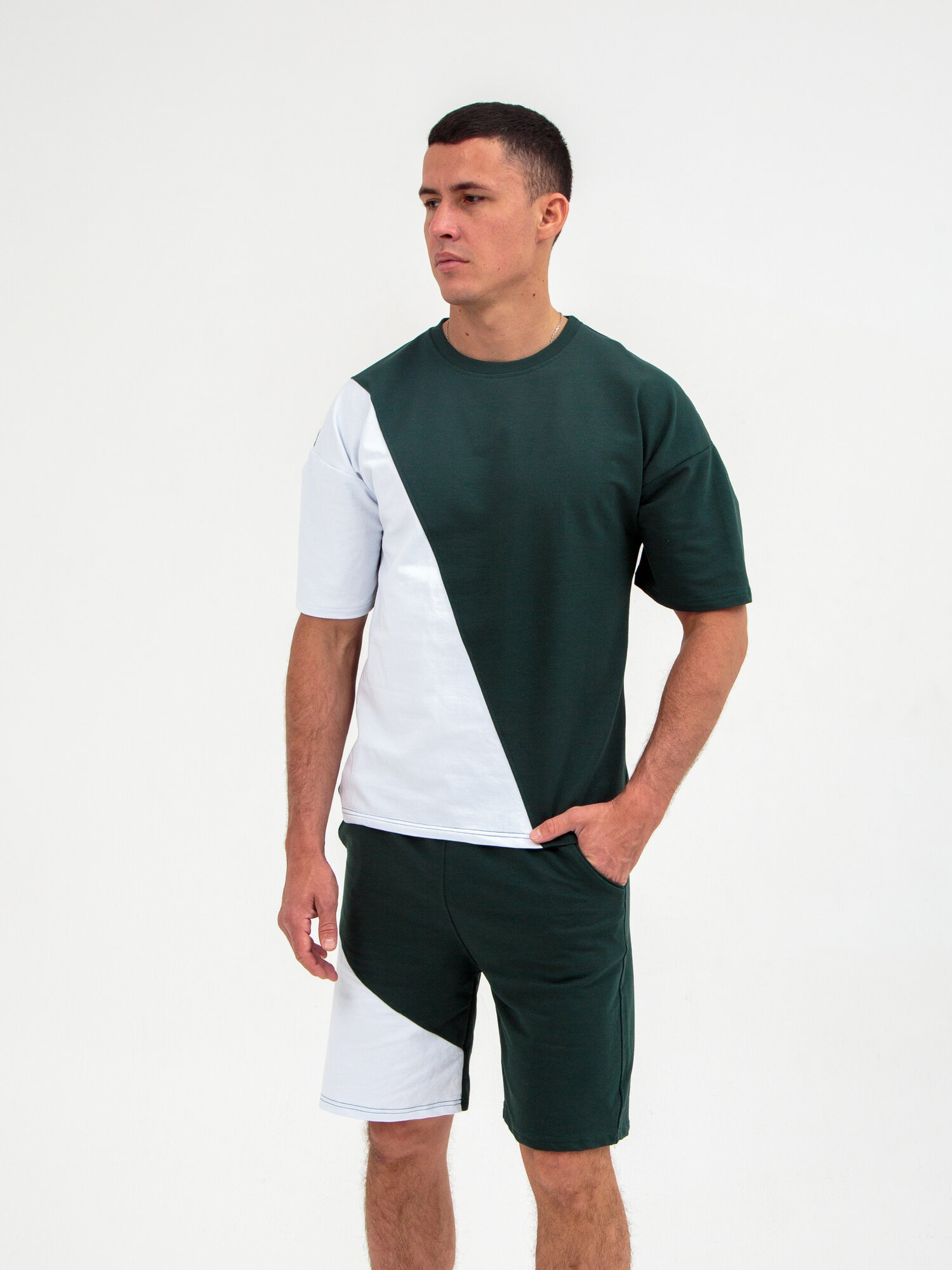 Костюм спортивный Jools Fashion мужской спортивный летний для занятия спортом, шорты майка, размер 50, белый, зеленый
