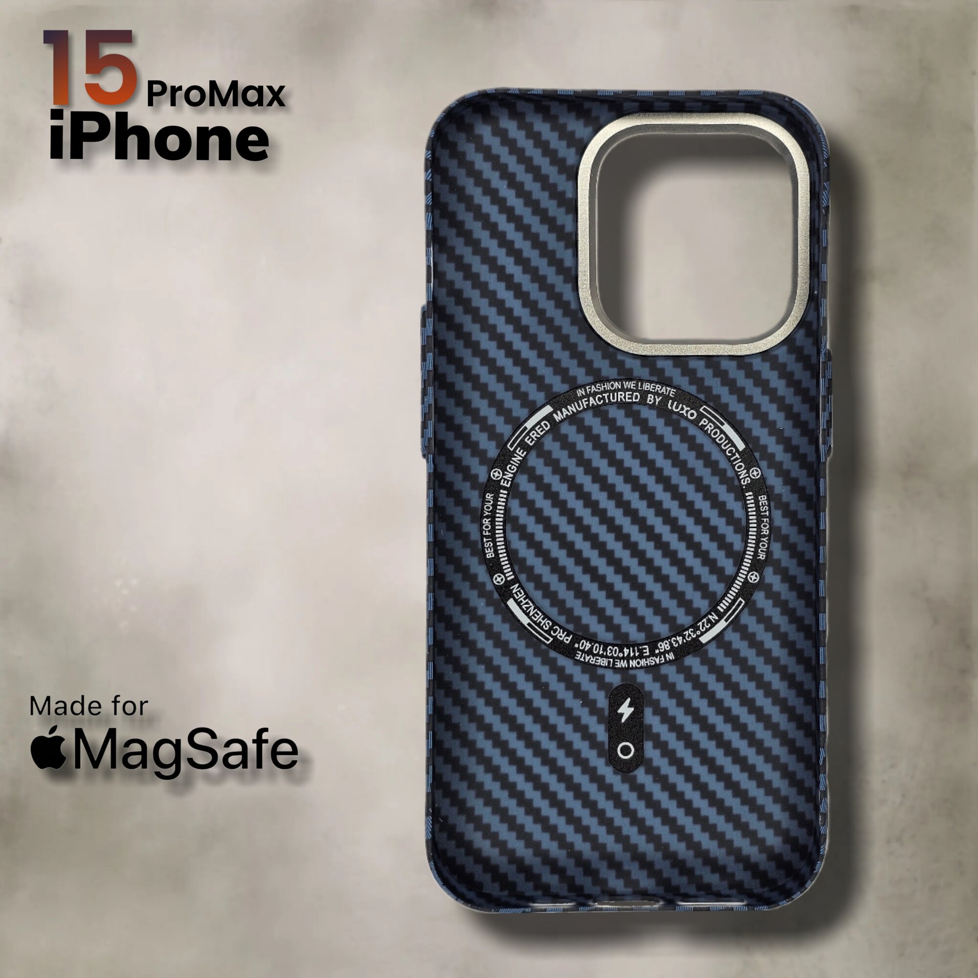 Чехол на айфон 15 Про Макс с МагСейф из Кевлара / чехол на iPhone 15 Pro Max с MagSafe Kevlar LUXO Life+, темно-синий карбоновый — фото 1