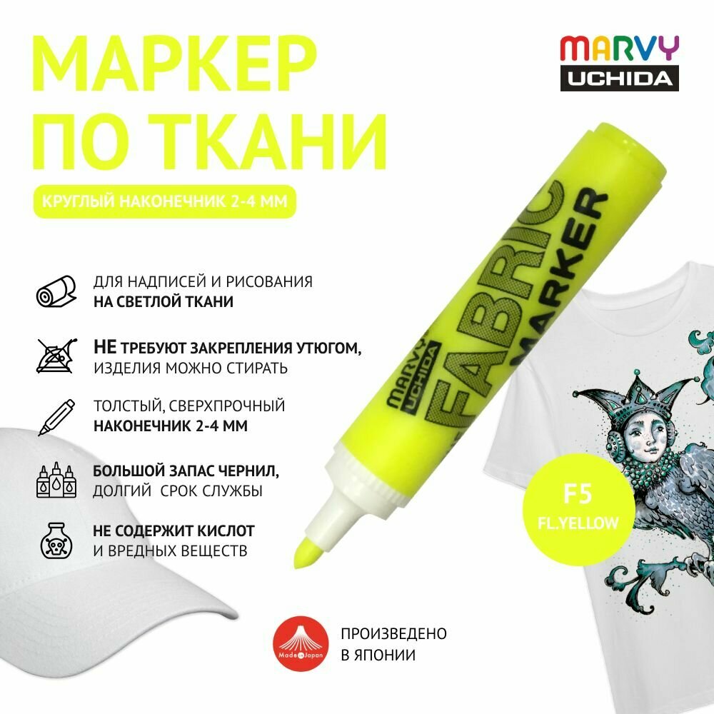 Маркер круглый (2-4 мм) Marvy Uchida для светлой ткани перманентный для рисования и декора неоново-желтый Fl.Yellow MAR622/F5