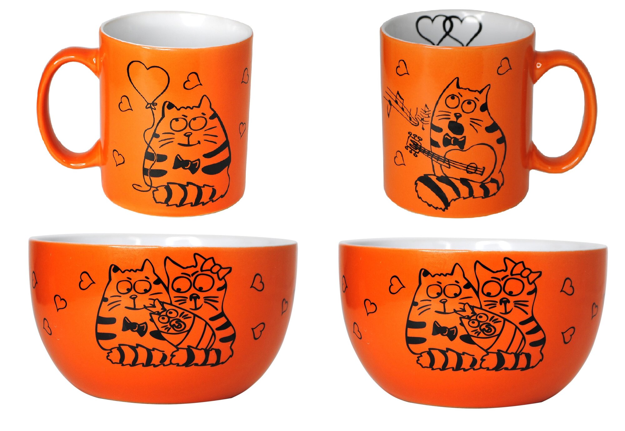 Набор столовой посуды с котами - 2 кружки 300 мл. и 2 салатника 700 мл. "Коты, котики, котейки" 4 предмета, керамика