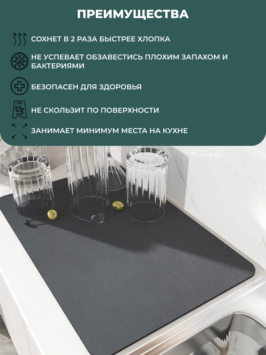 Коврик для сушки посуды и столовых приборов для кухни впитывающий настольная сушилка на кухонный стол — фото 1