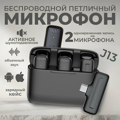 Беспроводной петличный микрофон J13 Type-C Кейс для зарядки 2 микрофона приемник Type-C Штекер подходит для iPhone 16 15 и Android 1990₽